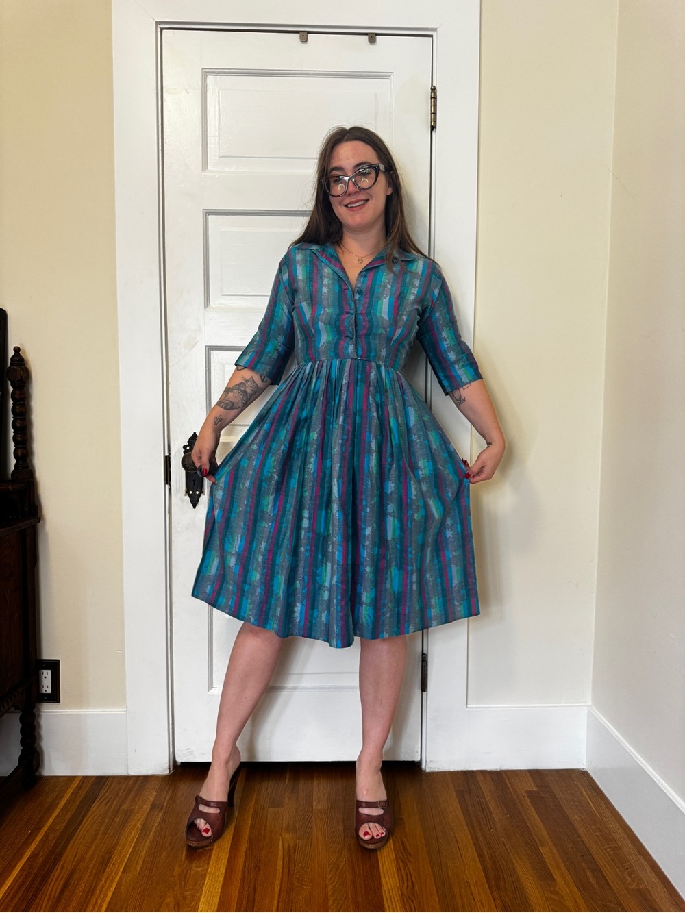 60s Vintage Bright Cotton Fit and Flare Shirtwaist Dress Sz M